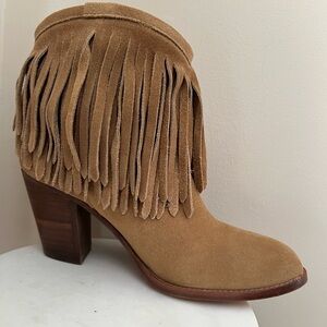 Frye Womens Llana Ankle Boots Booties Brown Stacked Heel Fringe Pull On 8.5
